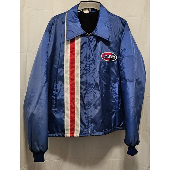 Vintage Men's AMS Oil Racing Jacket Full Zip Lined Size XL Blue Made in USA 70's - Picture 1 of 12
